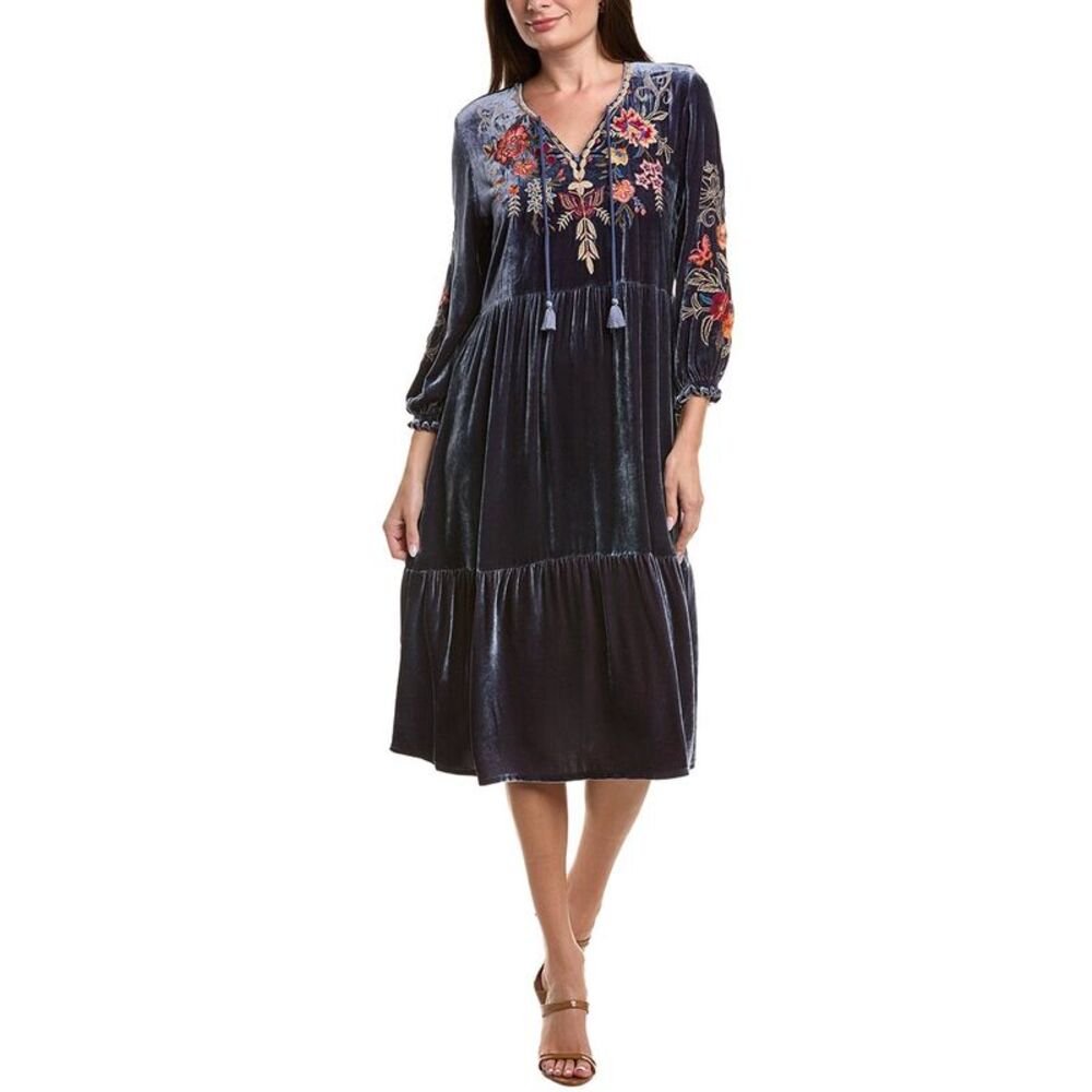 Johnny Was Velvet Midi Dress with Floral Embroidery in Navy and Red